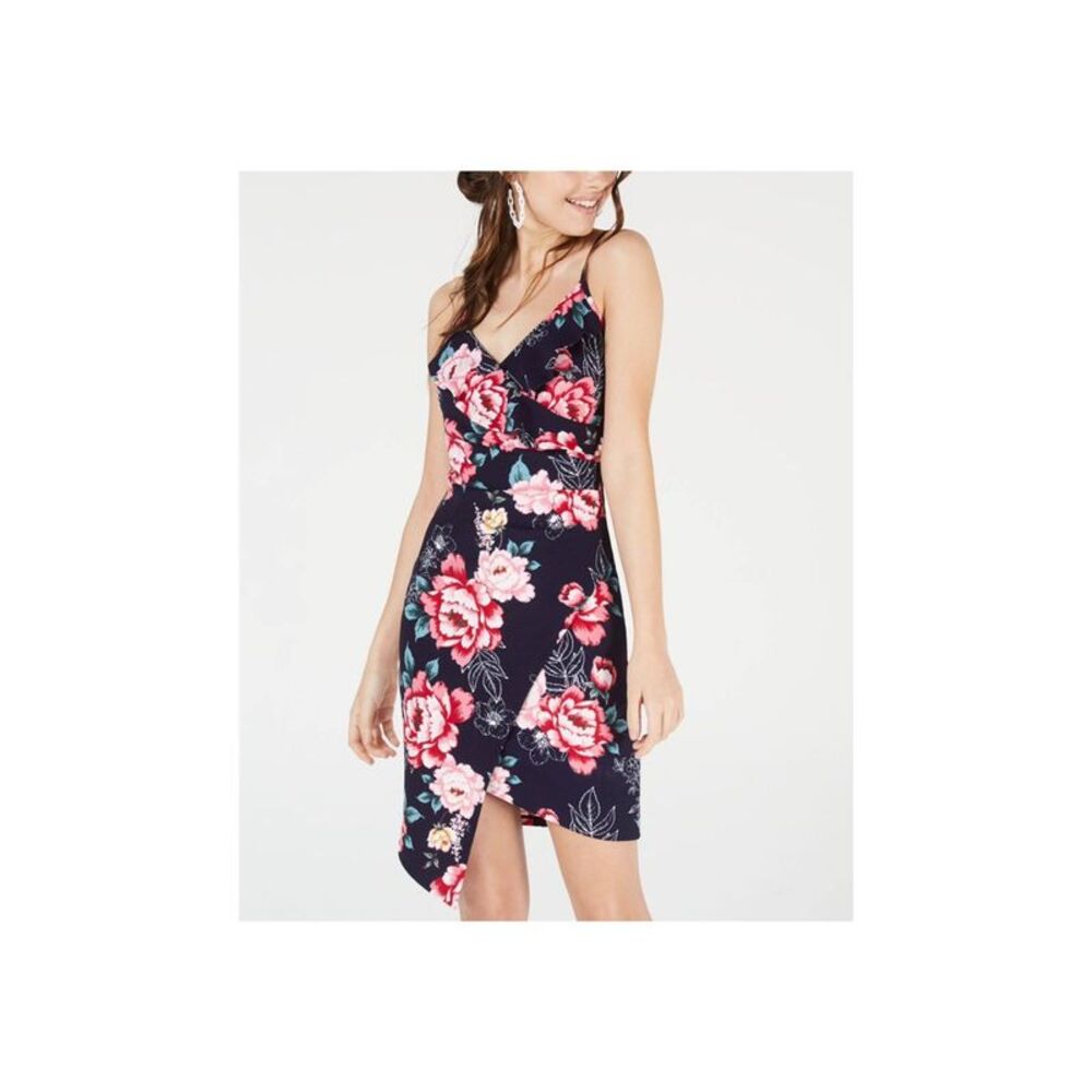 ALMOST FAMOUS Womens Navy Lined Asymmetrical Faux-wrap Hem Dress XXS